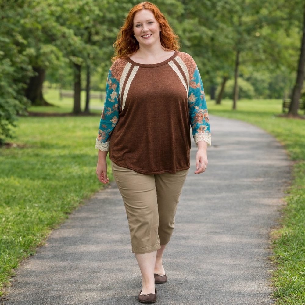Cato Brown and Teal Floral Lace Blouse